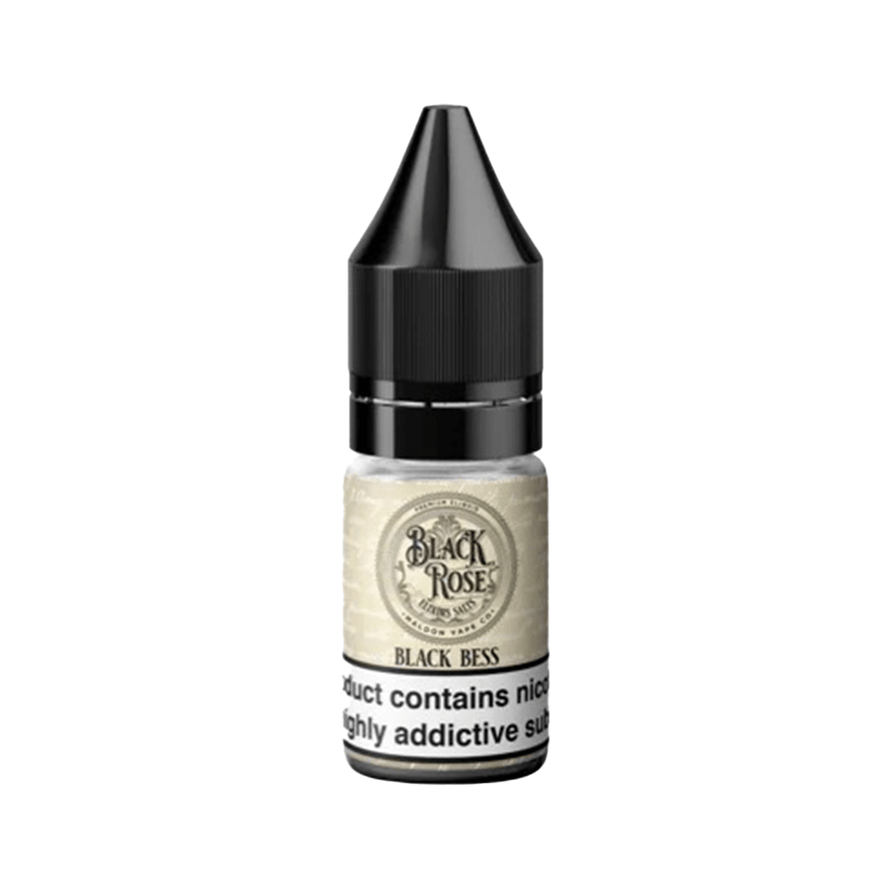 Black Rose Elixirs Black Bess 10ml vape juice bottle with a black cap, UK.