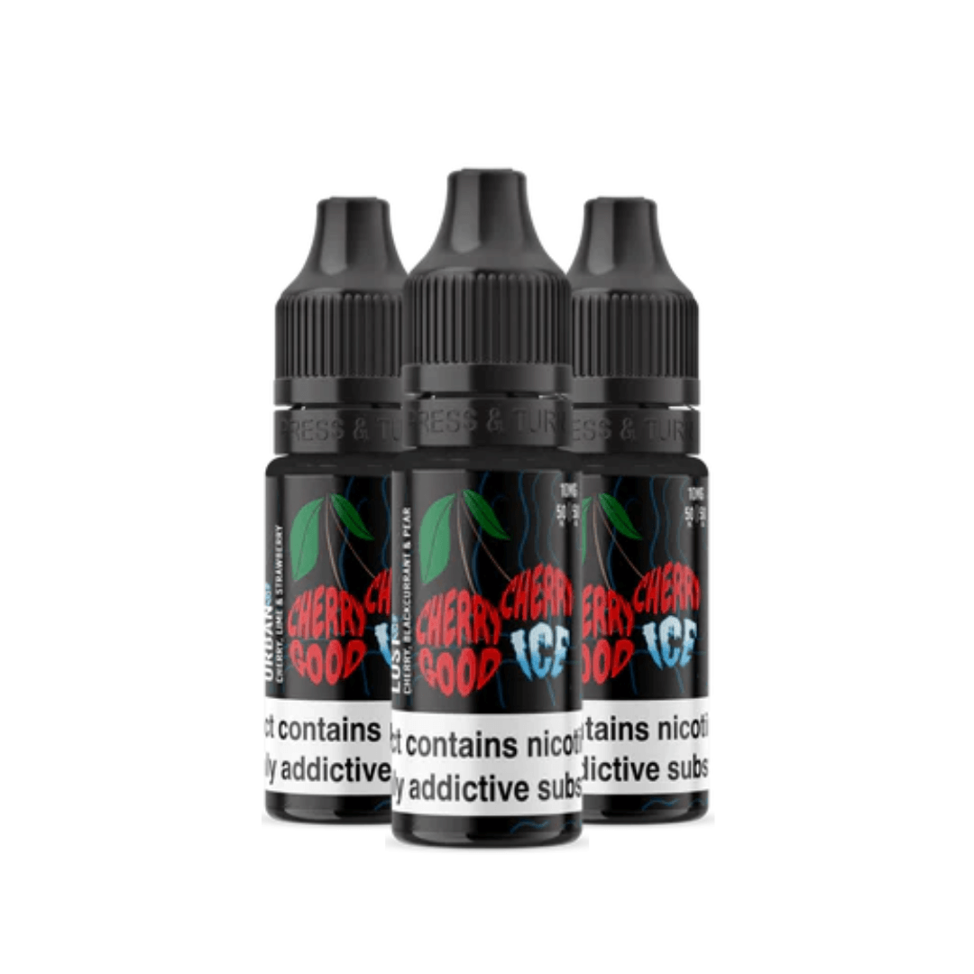 Three bottles of Wick Liquor Cherry Good Cherry Ice 10ml Nic Salt e-liquid with black caps.