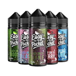 Wick Liquor Easy On The Pocket 100ml vape juice in easy on the boost, easy on the blast, easy on the vine, easy on the cherry, and easy on the blue flavours.