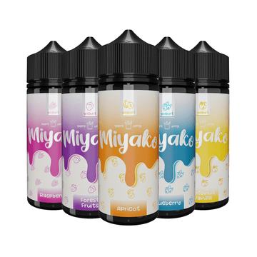 Five Miyako vape juice bottles in various flavours: Raspberry, Forest Fruits, Apricot, Blueberry, Coconut Vanilla.