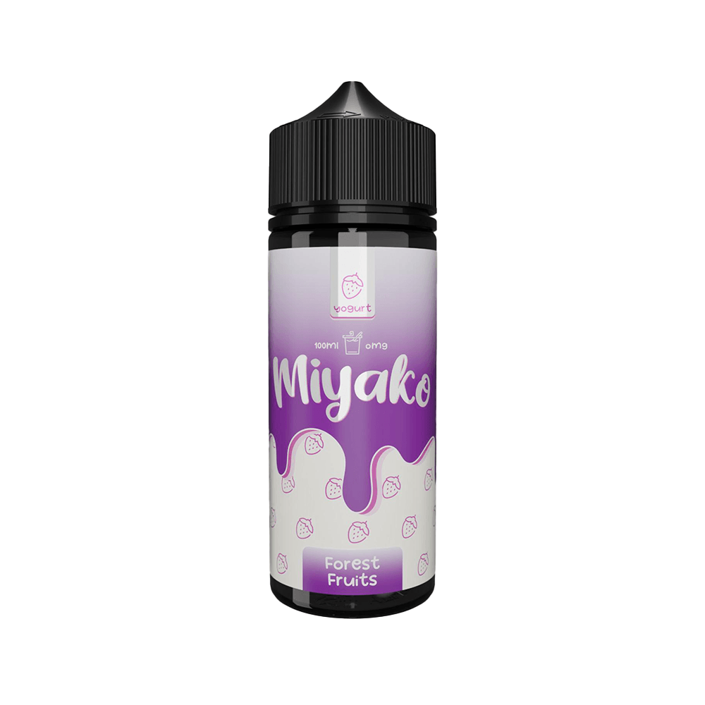 Wick Liquor Miyako e-liquid bottle, 100ml shortfill, forest fruits flavour, purple label.