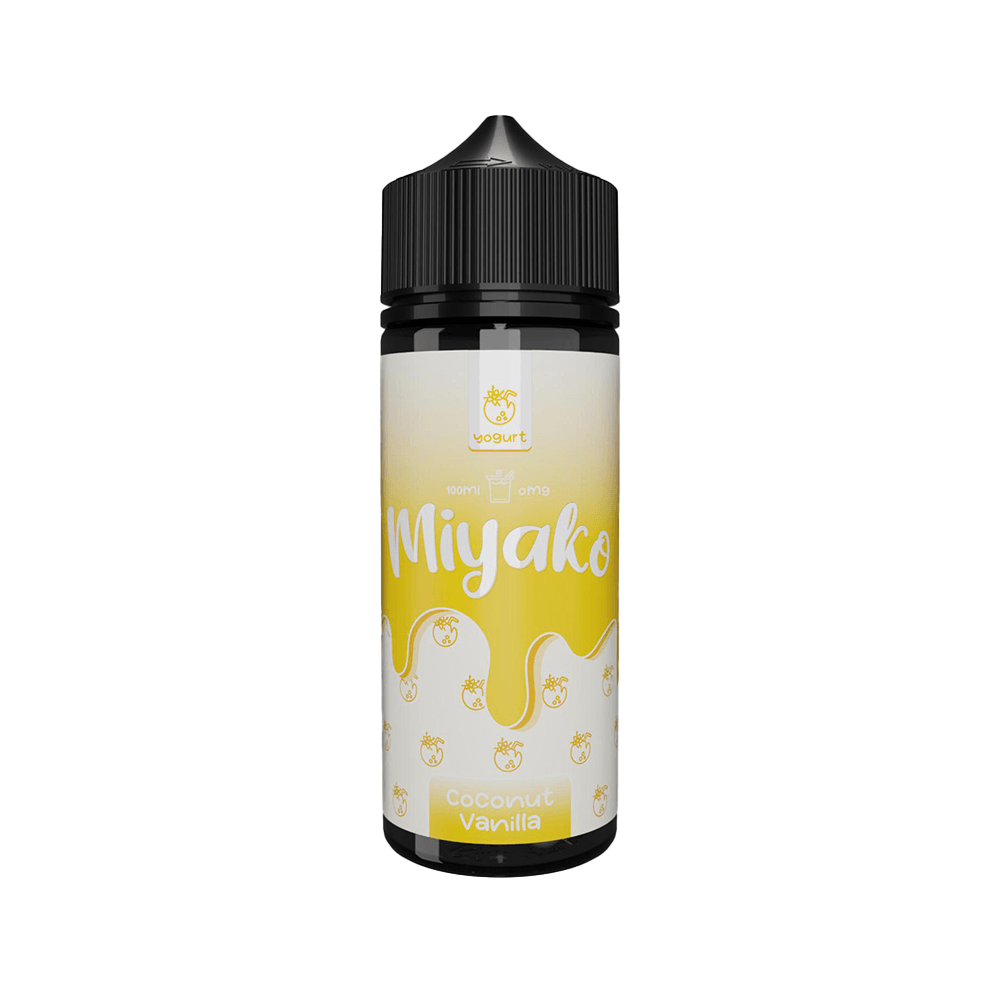 Wick Liquor Miyako Coconut Vanilla 100ml shortfill bottle with yellow and white label design.