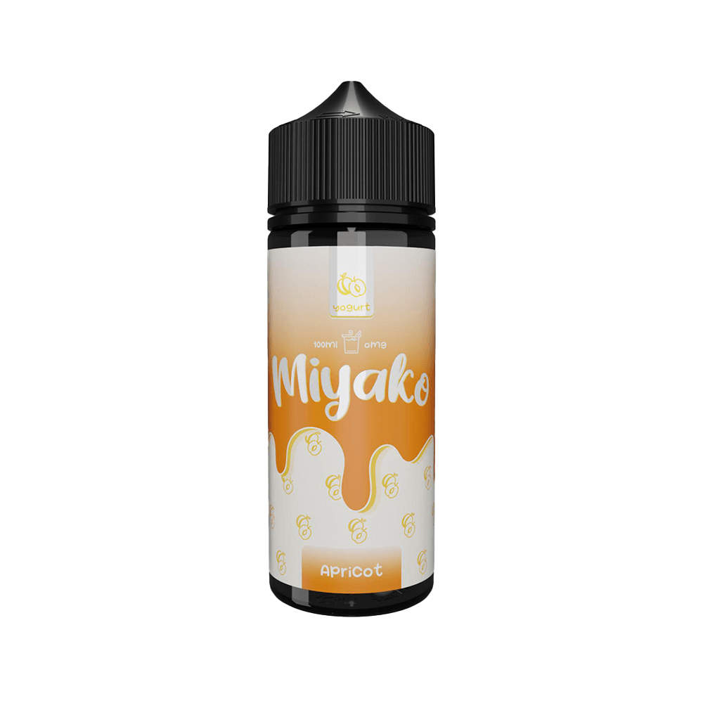 Wick Liquor Miyako Apricot 100ml shortfill vape juice bottle with a yogurty design.