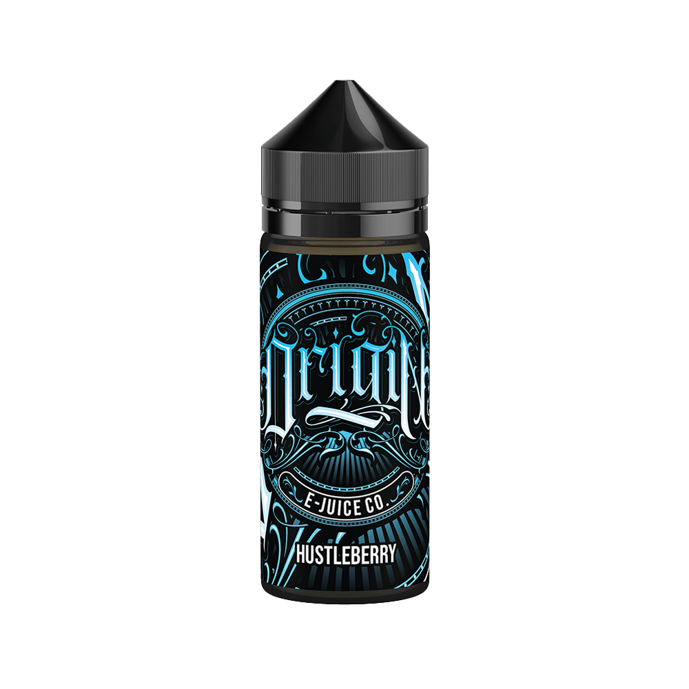 Wick Liquor Origin Hustleberry e-liquid bottle with ornate blue and black design.