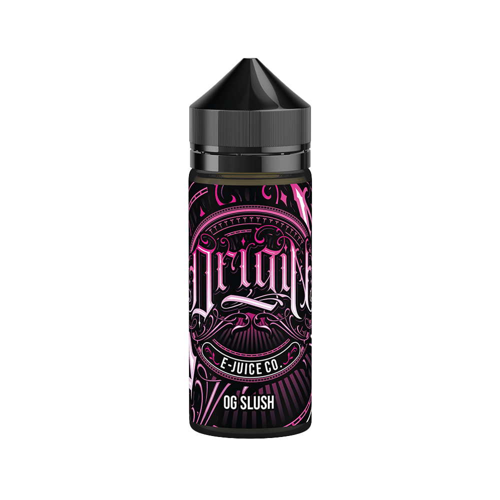 Wick Liquor Origin OG Slush 100ml shortfill bottle with ornate black and pink label design.