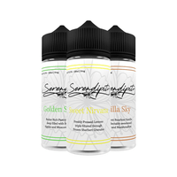 Three bottles of Wick Liquor Serendipity e-liquid: Golden Syrup, Sweet Nirvana, Vanilla Sky.