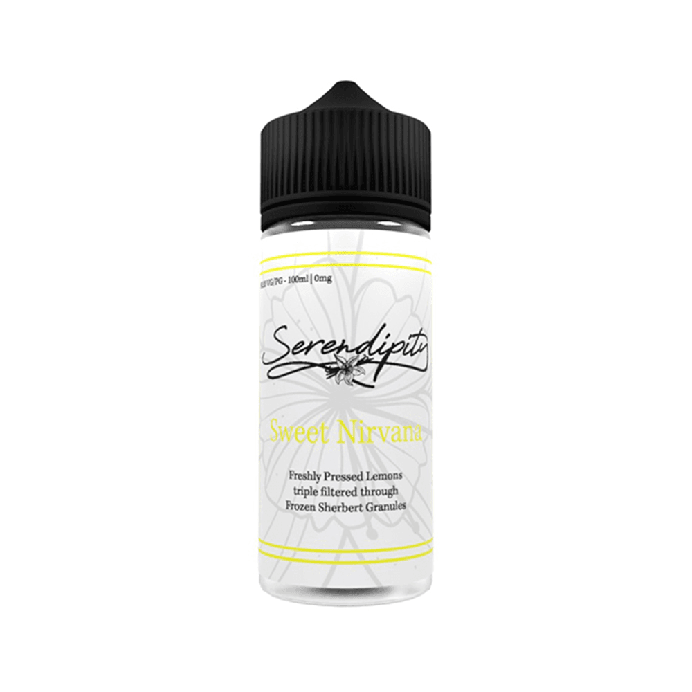 Serendipity Sweet Nirvana e-liquid bottle with lemon and sherbet design.