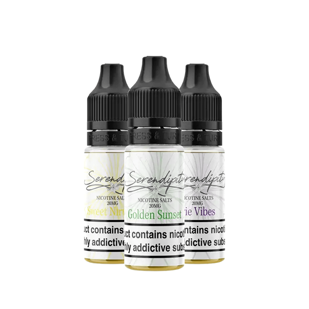 Three bottles of Wick Liquor Serendipity vape juice in various flavours.