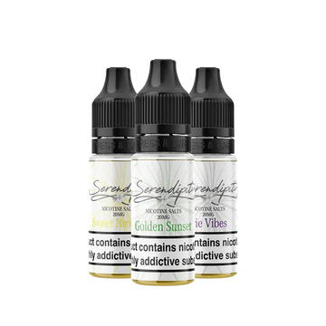 Three bottles of Wick Liquor Serendipity vape juice in various flavours.