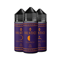 Three Solstice vape juice bottles: New Moon, Equinox, and Rising Star, 100ml each.