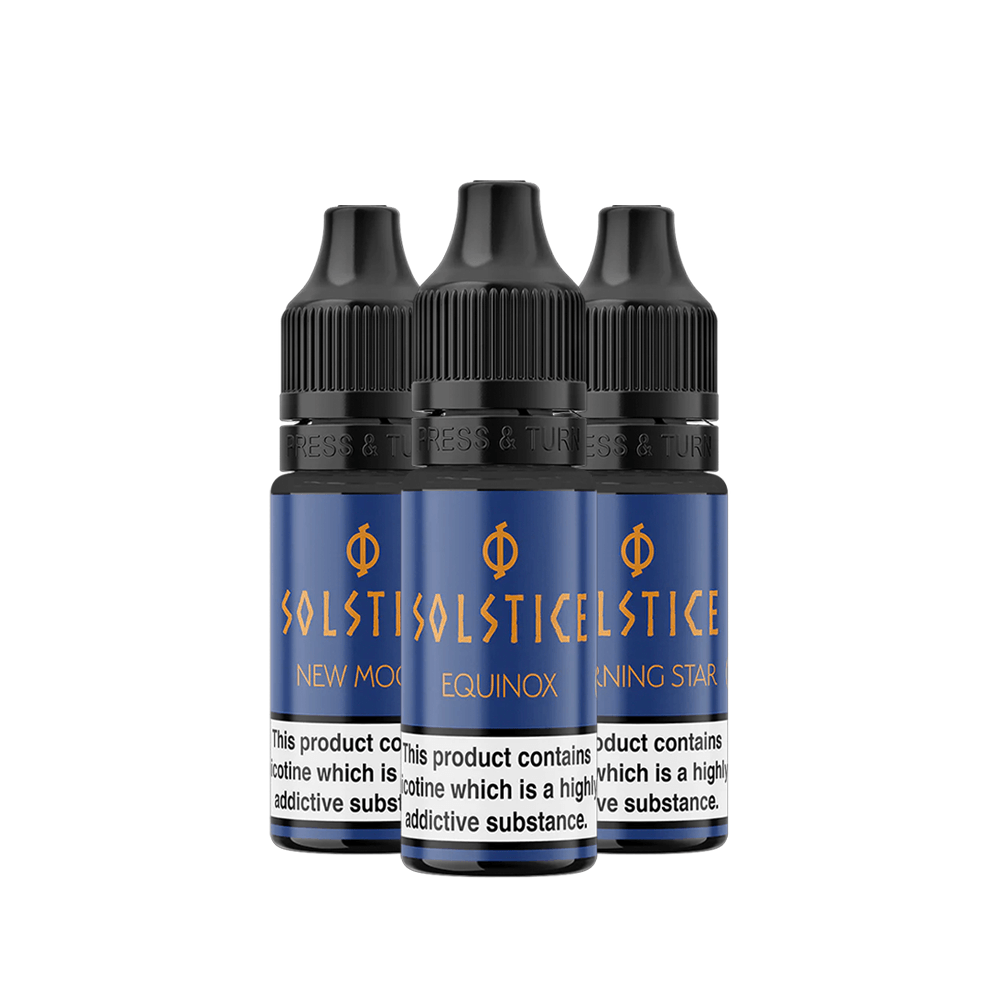 Three bottles of Wick Liquor Solstice vape juice with blue labels.