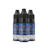 Three bottles of Wick Liquor Solstice vape juice with blue labels.