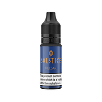 Solstice Pulsar vape juice bottle with nicotine warning label.