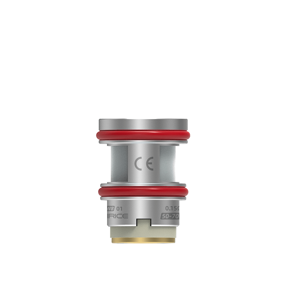 Wirice W8 mesh coil head with red O-rings and engraved details.