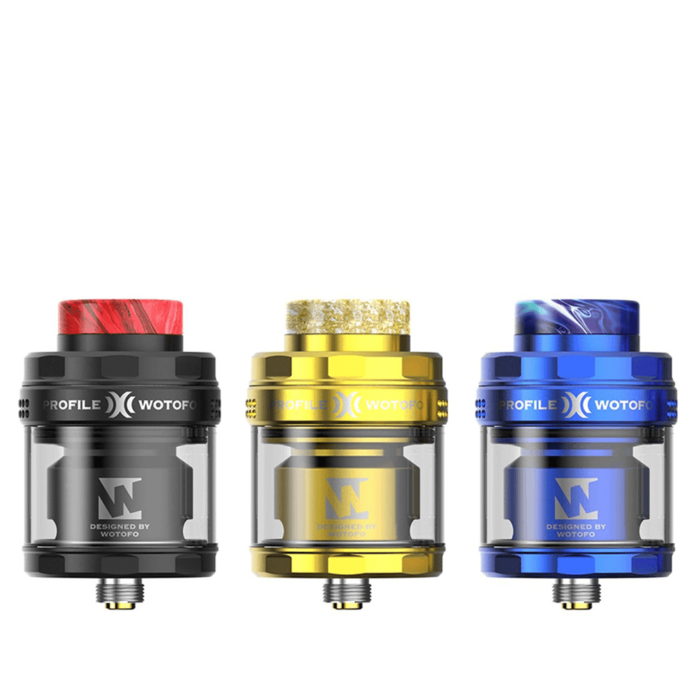 Three Wotofo Profile X RTA tanks in black, gold, and blue.