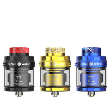 Three Wotofo Profile X RTA tanks in black, gold, and blue.