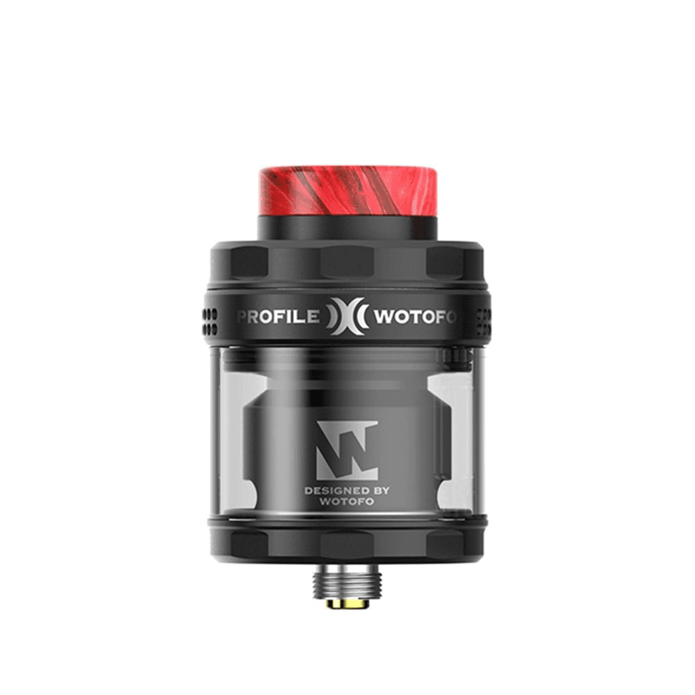 Wotofo Profile X RTA vape tank with a red drip tip.