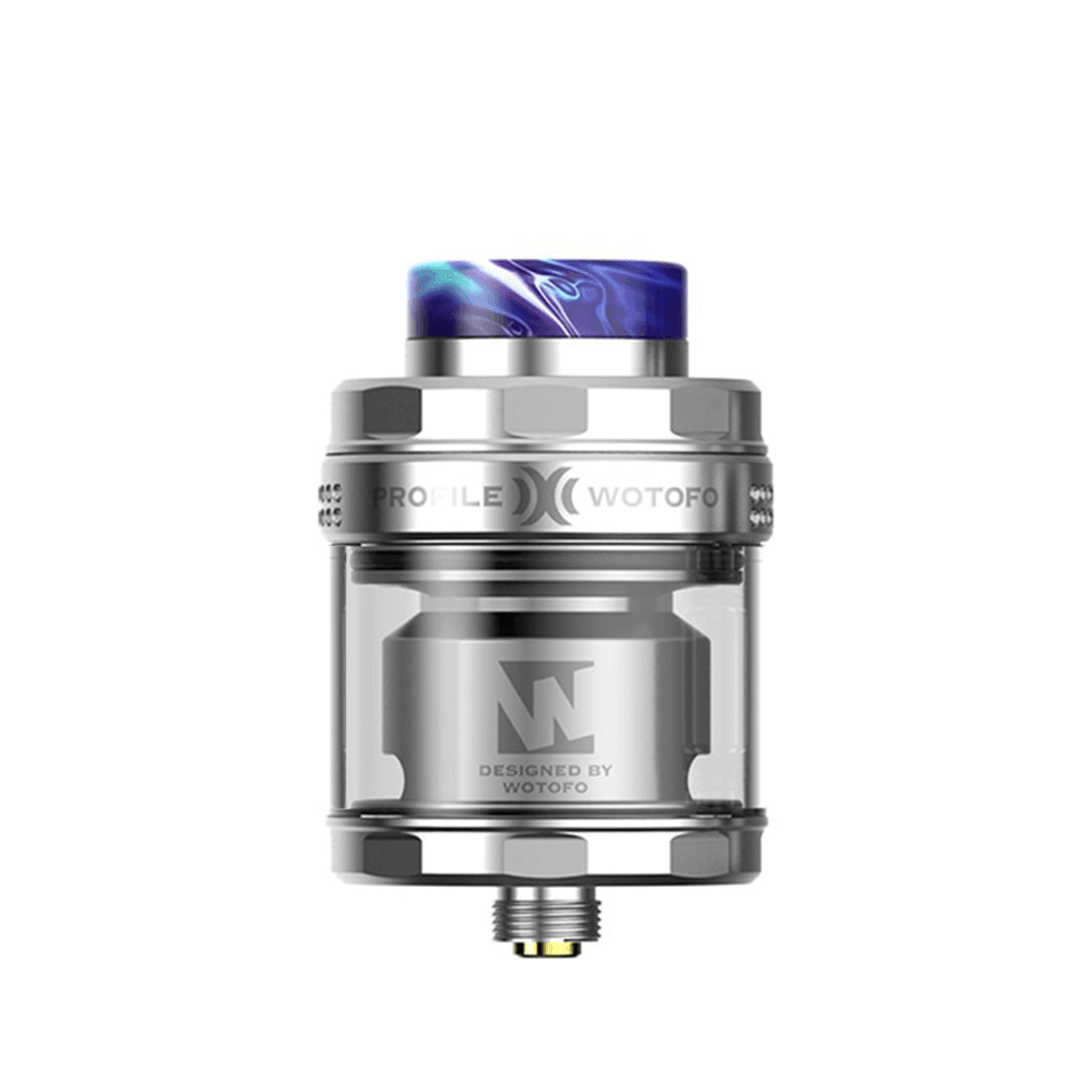 Wotofo Profile X RTA vape tank with a blue resin drip tip, displayed on a white background.