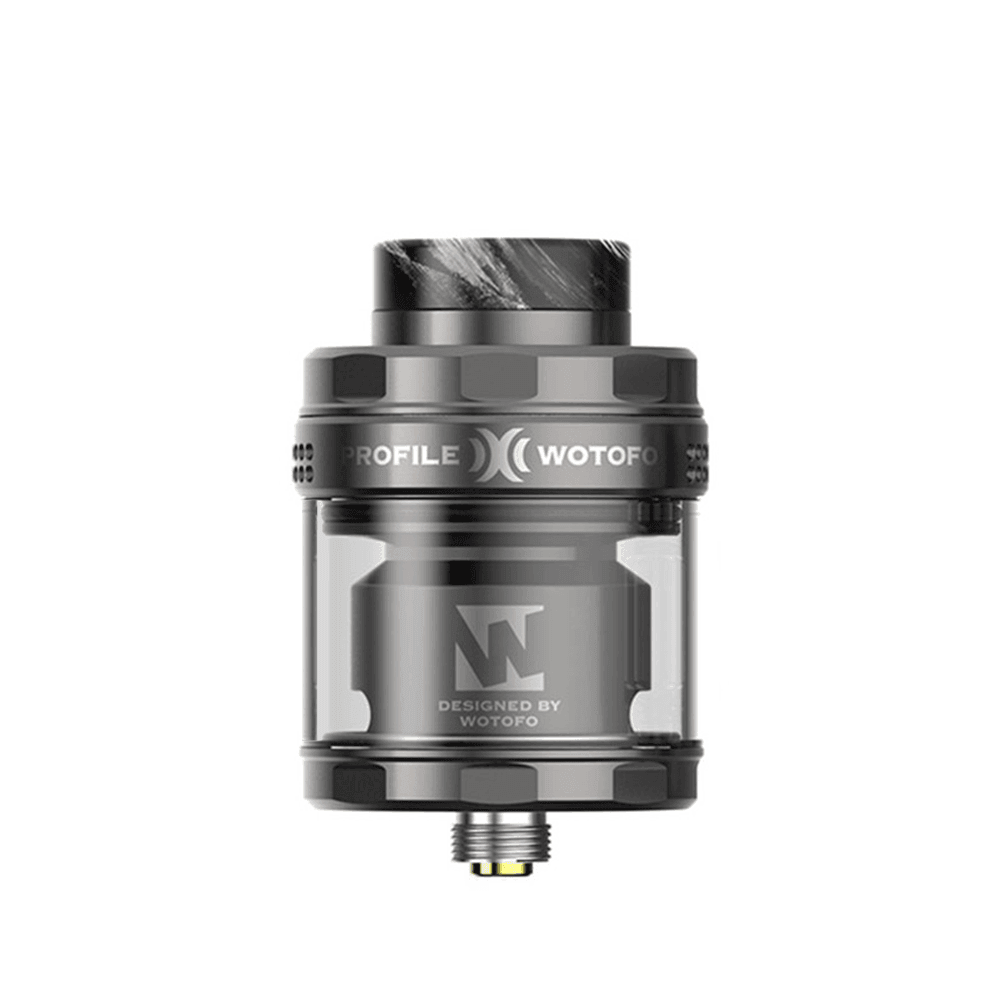 Wotofo Profile X RTA vape tank, grey with a sleek design and visible internal components.