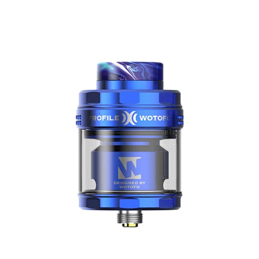 Blue Wotofo Profile X RTA vape tank with sleek design and branding.