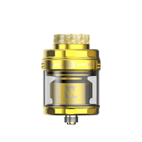 Gold Wotofo Profile X RTA vape tank with clear glass chamber.