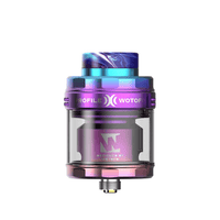 Wotofo Profile X RTA in rainbow finish with logo, displayed on a white background.