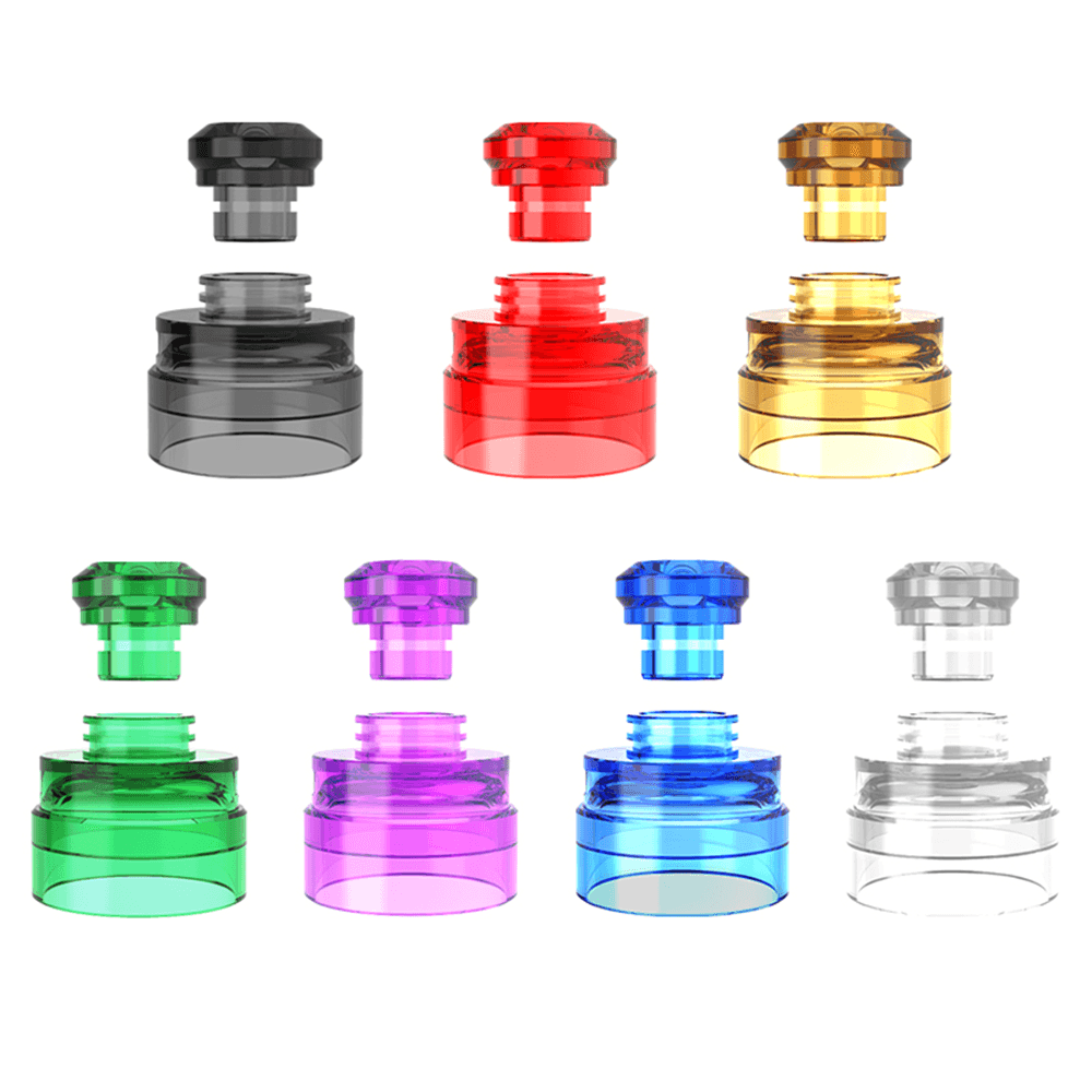 Colourful YachtVape Claymore RDA kit with interchangeable drip tips and tanks.