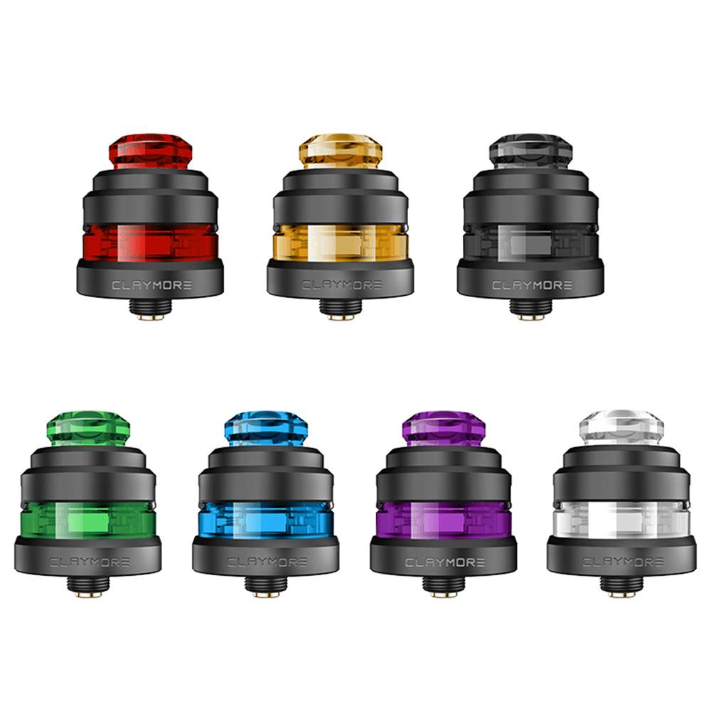 Colourful Claymore RDA kit display with seven vibrant options.