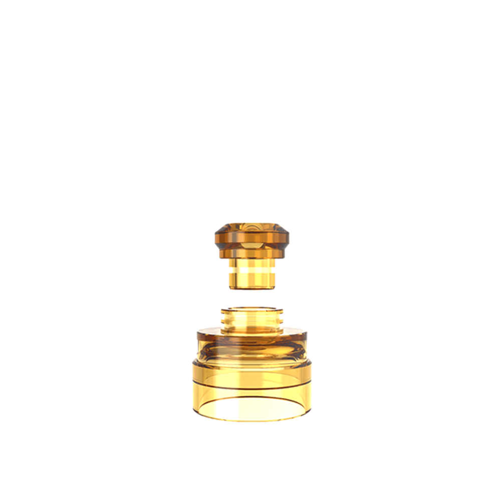 YachtVape Claymore RDA in amber, disassembled, showing mouthpiece and base.