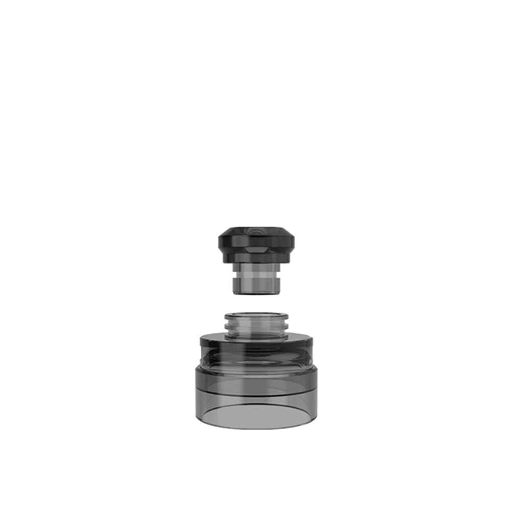 Exploded view of a transparent vape tank with detachable components.