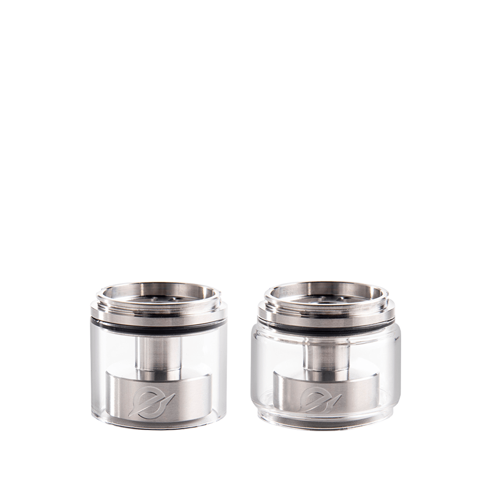 Two clear metal vape tank extensions on a white background.