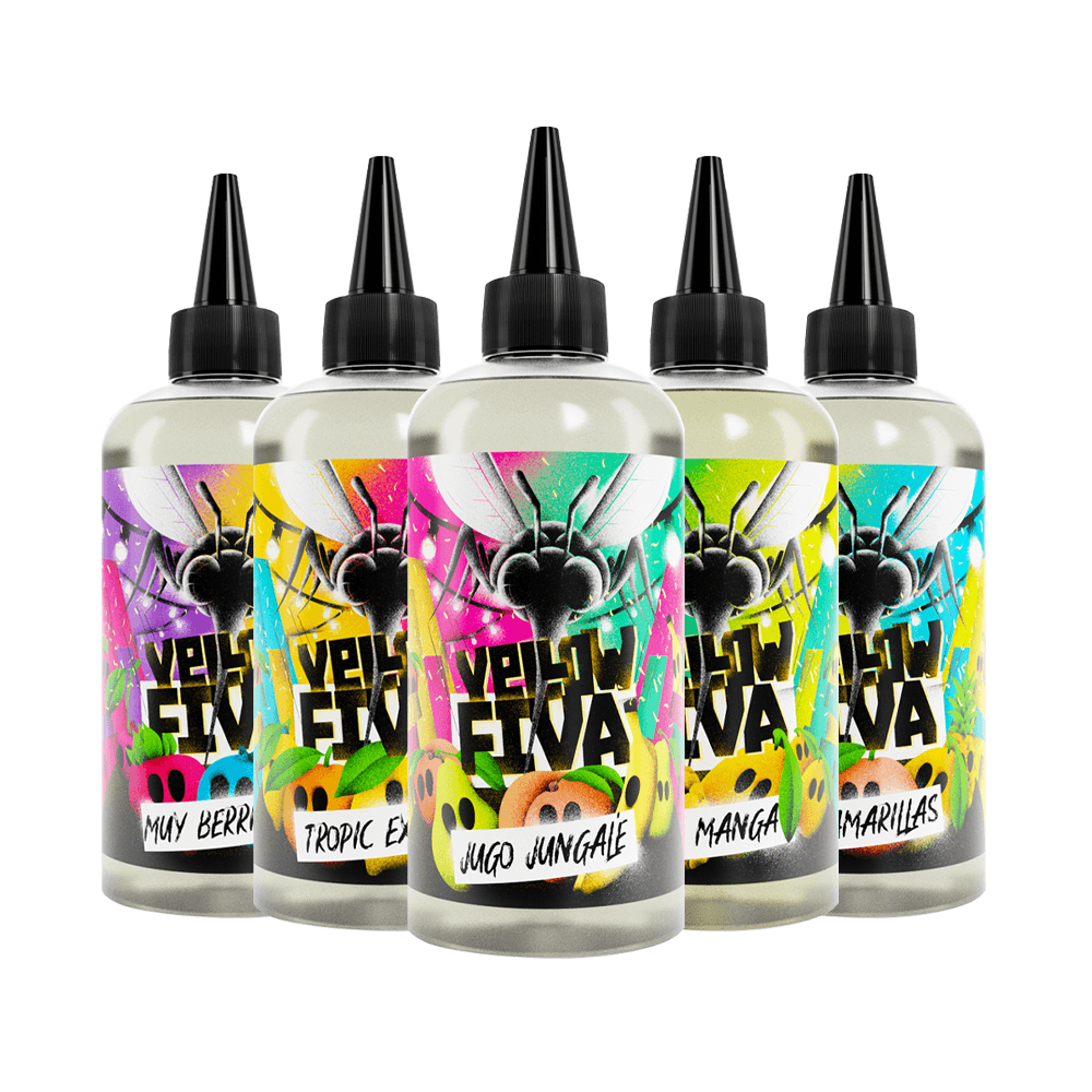 Five Yellow Fiva 200ml shortfill vape bottles with colourful fruit-themed labels.