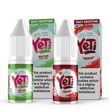 Yeti e-liquid bottles in Watermelon and Cherry flavours, with colourful packaging and branding.