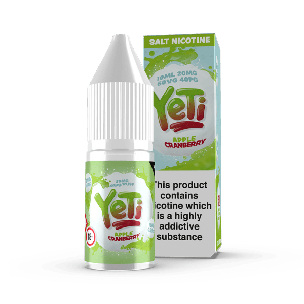 Yeti Apple Cranberry 10ml salt nicotine bottle and box with green and red design, warning label visible.