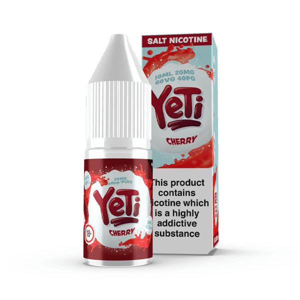 Yeti Cherry 10ml Salt Nicotine E-liquid bottle and box, 20mg strength.