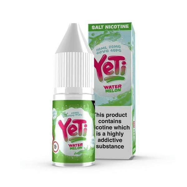 Yeti Watermelon 10ml Nicotine Salts E-liquid bottle and box with green design.