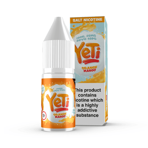 Yeti Orange Mango vape juice bottle and box with nicotine warning.