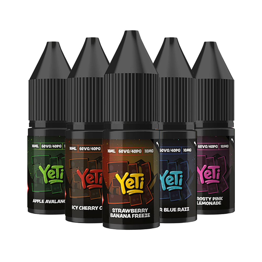 Five Yeti e-liquid bottles in various flavours, including Apple Avalanche and Frosty Pink Lemonade.