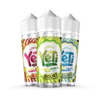 Three Yeti Sourz e-liquid bottles: Sour Apple Pear Ice, Sour Blueberry Ice, Sour Raspberry.