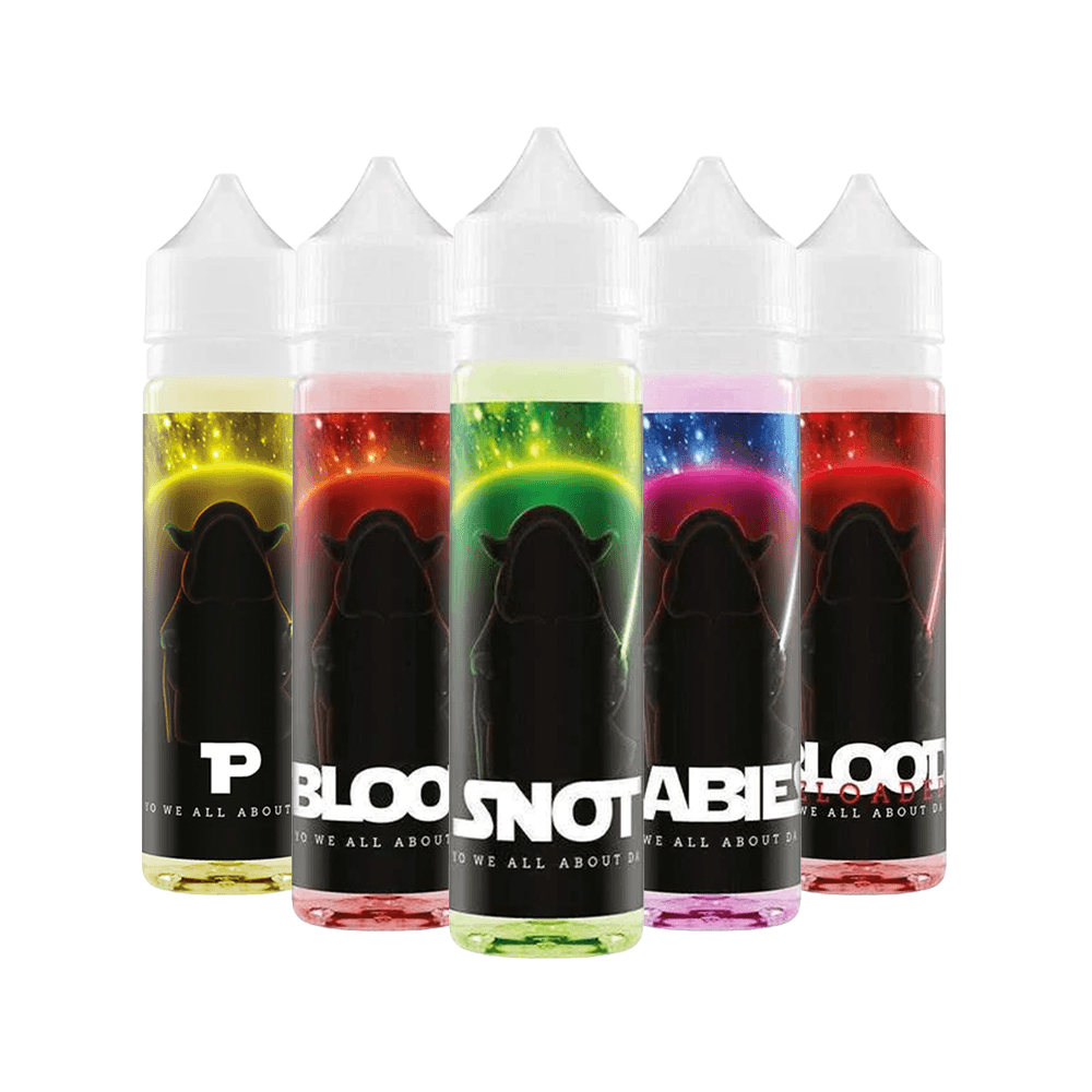 Five colourful vape juice bottles with vibrant cosmic designs.