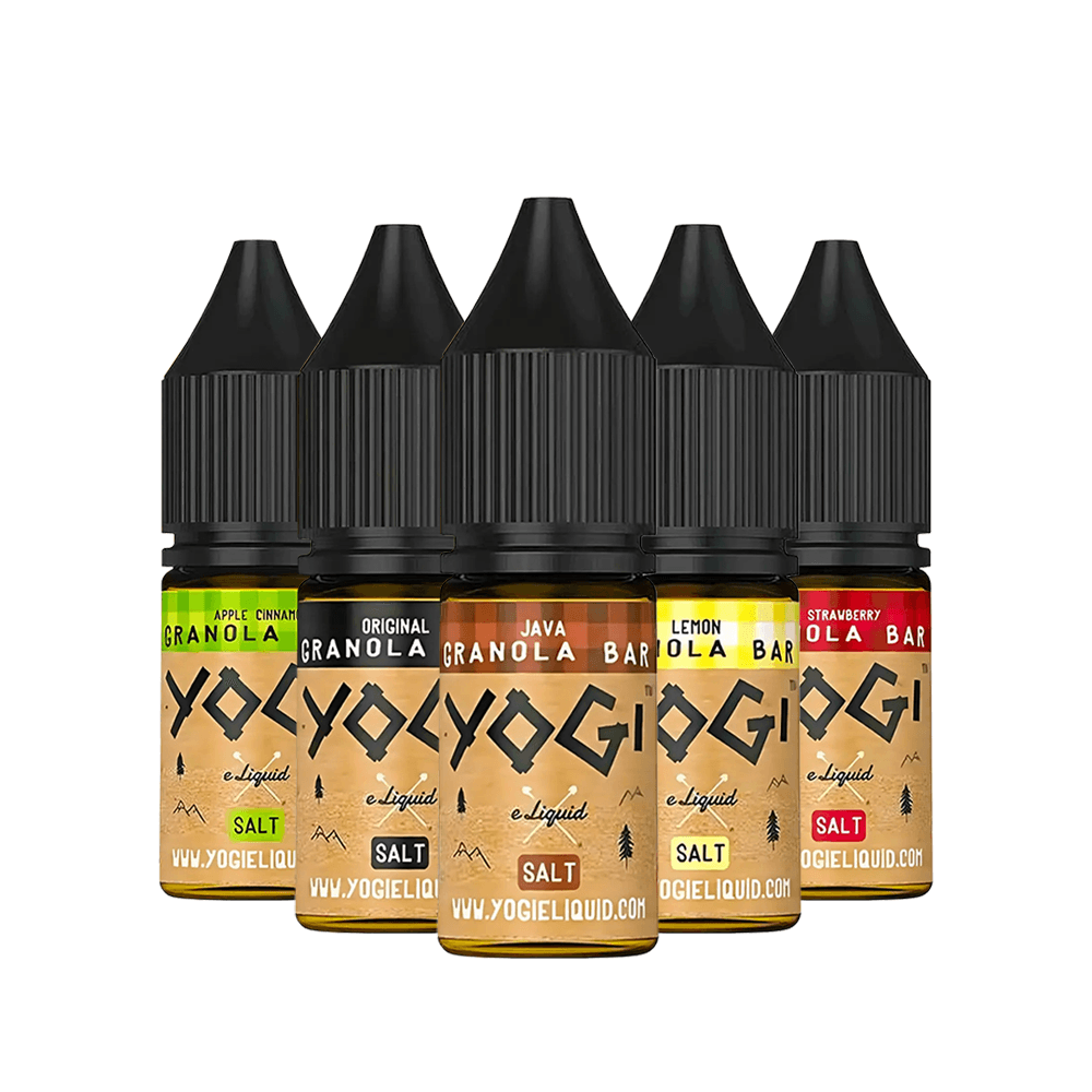 Five Yogi Salt e-liquid bottles in various flavours, including Apple Cinnamon and Java Granola.