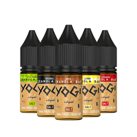 Five Yogi Salt e-liquid bottles in various flavours, including Apple Cinnamon and Java Granola.