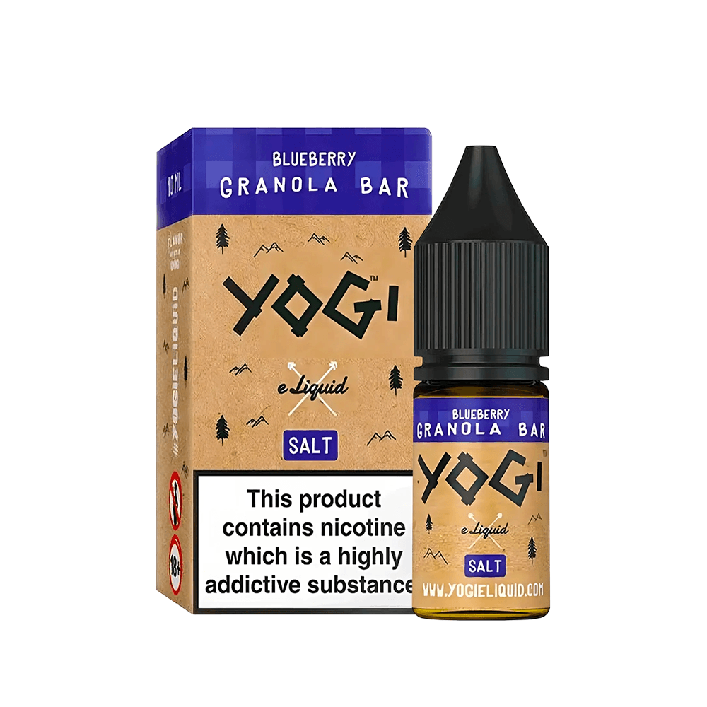 Yogi Blueberry Granola Bar Salt e-liquid 10ml bottle and box, UK vape shop branding.