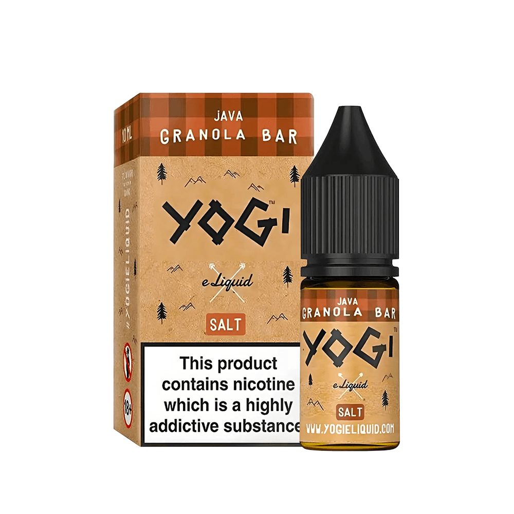 Yogi Java Granola Bar Salt e-liquid bottle and box with nicotine warning label.