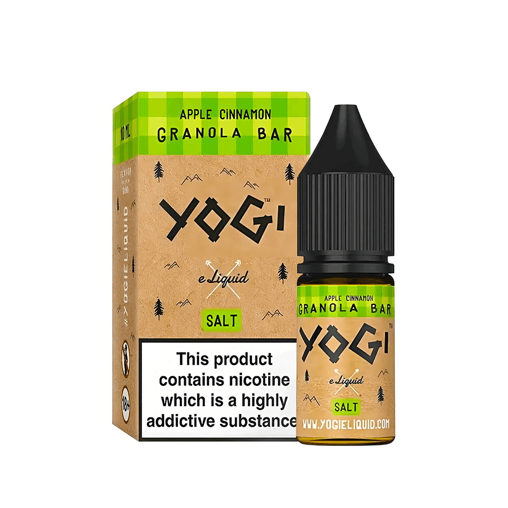 Yogi Apple Cinnamon Granola Bar Salt e-liquid bottle and box, with nicotine warning label.