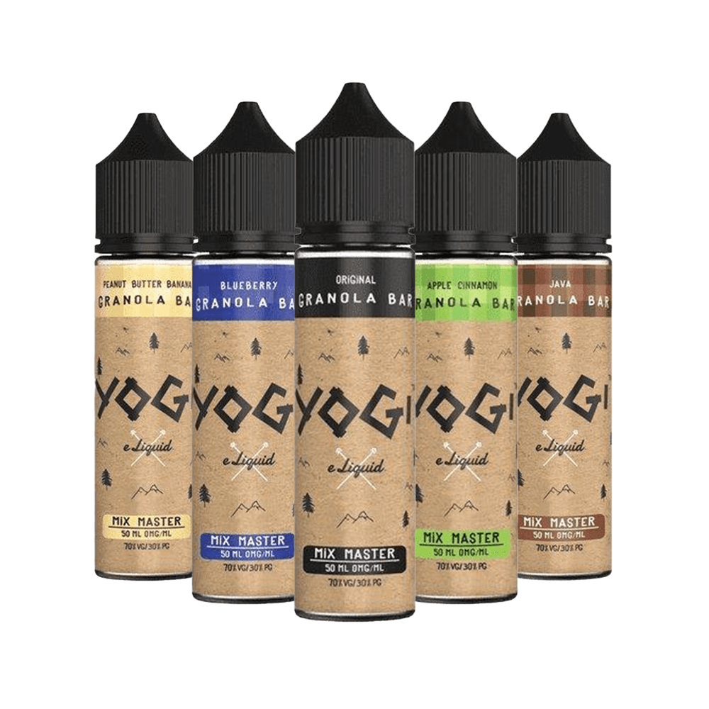 Five Yogi e-liquid bottles in various flavours, including Peanut Butter Banana and Blueberry.