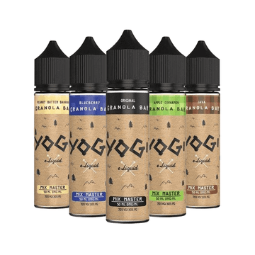 Five Yogi e-liquid bottles in various flavours, including Peanut Butter Banana and Blueberry.