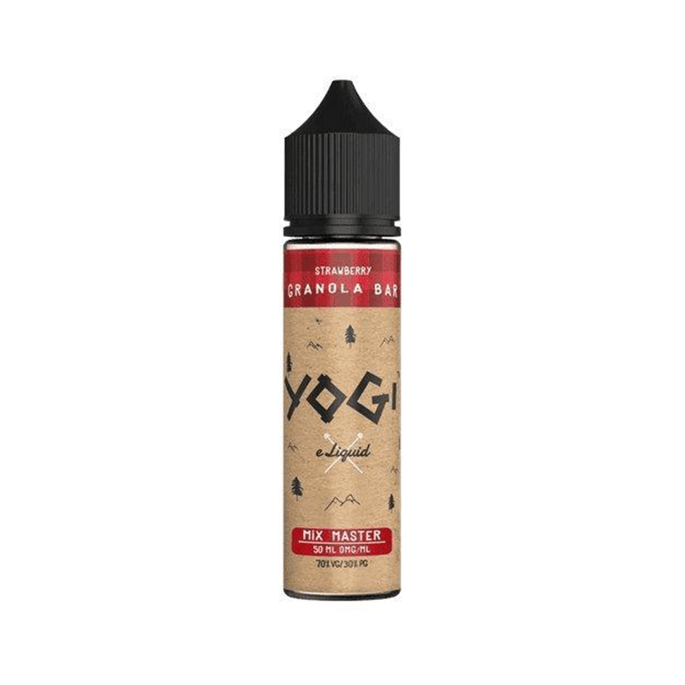 Yogi e-liquid bottle, Strawberry Granola Bar flavour, 50ml shortfill with a black cap.