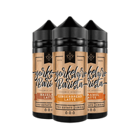 Three Yorkshire Barista vape juice bottles: Hazelnut Latte, Gingerbread Latte, Caramel Latte.