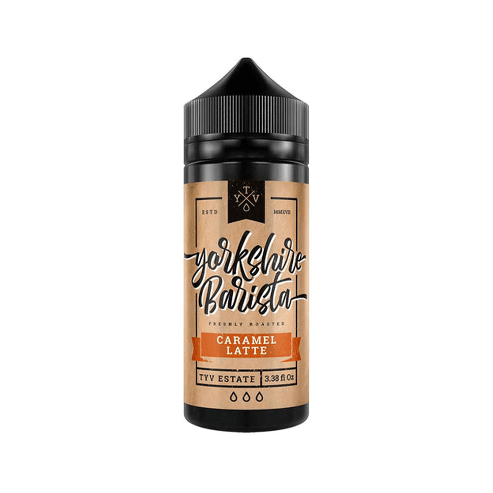 Yorkshire Barista Caramel Latte 100ml shortfill vape bottle with a brown and black label.